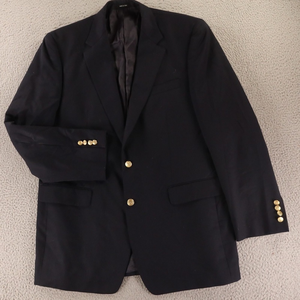 VTG Chaps Jacket 44L LT Blue 100% Wool Twill Chaps Blazer Navy Crested Buttons